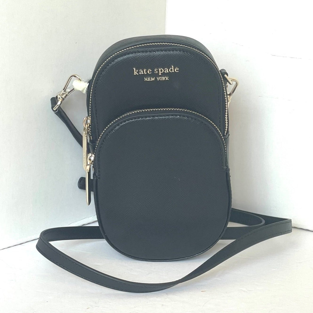 Kate Spade Spencer North South Phone Crossbody Black Leather Double Zip