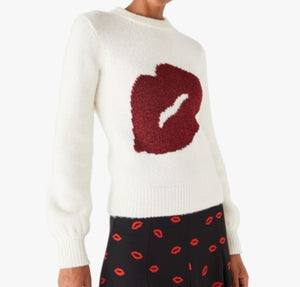 Kate Spade Sweater Womens large Off White Sparkle Kiss Red Lip Cashmere Blend