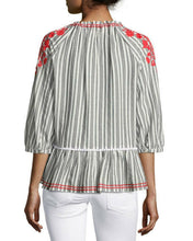 Load image into Gallery viewer, Kate Spade Top Womens Medium Gray V-Neck Striped Embroidered Cotton Peplum