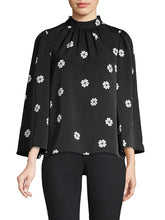 Load image into Gallery viewer, Kate Spade Blouse Womens Extra Large Black Mock Neck Floral Puff Bell Sleeve Top