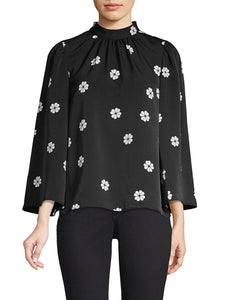 Kate Spade Blouse Womens Extra Large Black Mock Neck Floral Puff Bell Sleeve Top