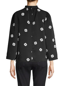 Kate Spade Blouse Womens Extra Large Black Mock Neck Floral Puff Bell Sleeve Top