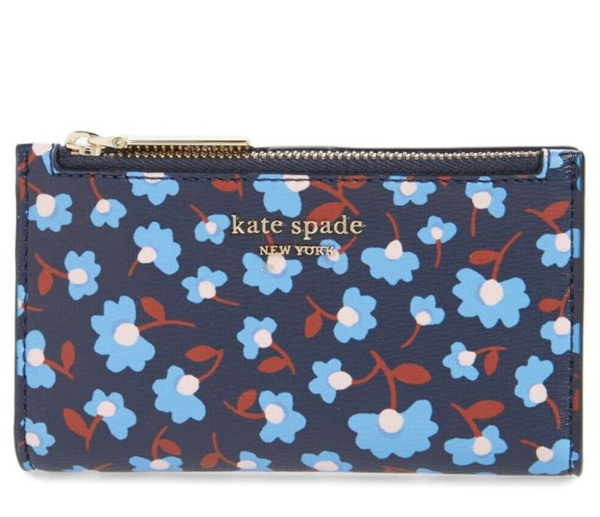 Kate Spade Wallet Women Blue Small Bifold ID Floral Vegan Leather Floral, Spencer