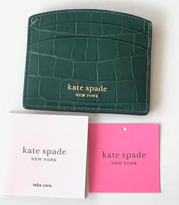 Kate Spade Wallet Womens Green Leather Spencer Card Case Croc Embossed Slim