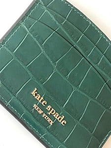 Kate Spade Wallet Womens Green Leather Spencer Card Case Croc Embossed Slim