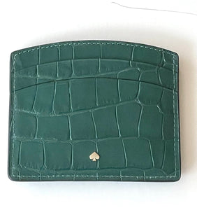 Kate Spade Wallet Womens Green Leather Spencer Card Case Croc Embossed Slim