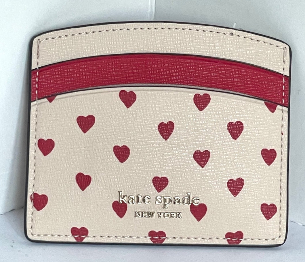 Kate Spade Wallet Womens Red Hearts Cardholder Spencer Slim Case Beige