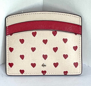 Kate Spade Wallet Womens Red Hearts Cardholder Spencer Slim Case Beige