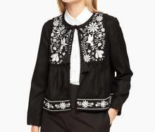 Load image into Gallery viewer, Kate Spade Women&#39;s Floral Embroidery Tassel Tie Black Cotton Linen Crop Jacket
