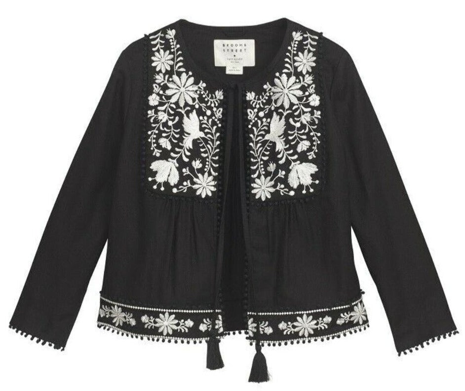 Kate Spade Women's Floral Embroidery Tassel Tie Black Cotton Linen Crop Jacket