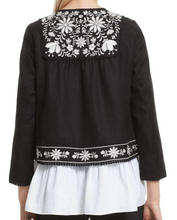 Load image into Gallery viewer, Kate Spade Women&#39;s Floral Embroidery Tassel Tie Black Cotton Linen Crop Jacket