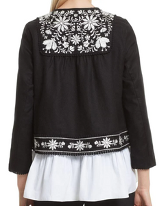 Kate Spade Women's Floral Embroidery Tassel Tie Black Cotton Linen Crop Jacket