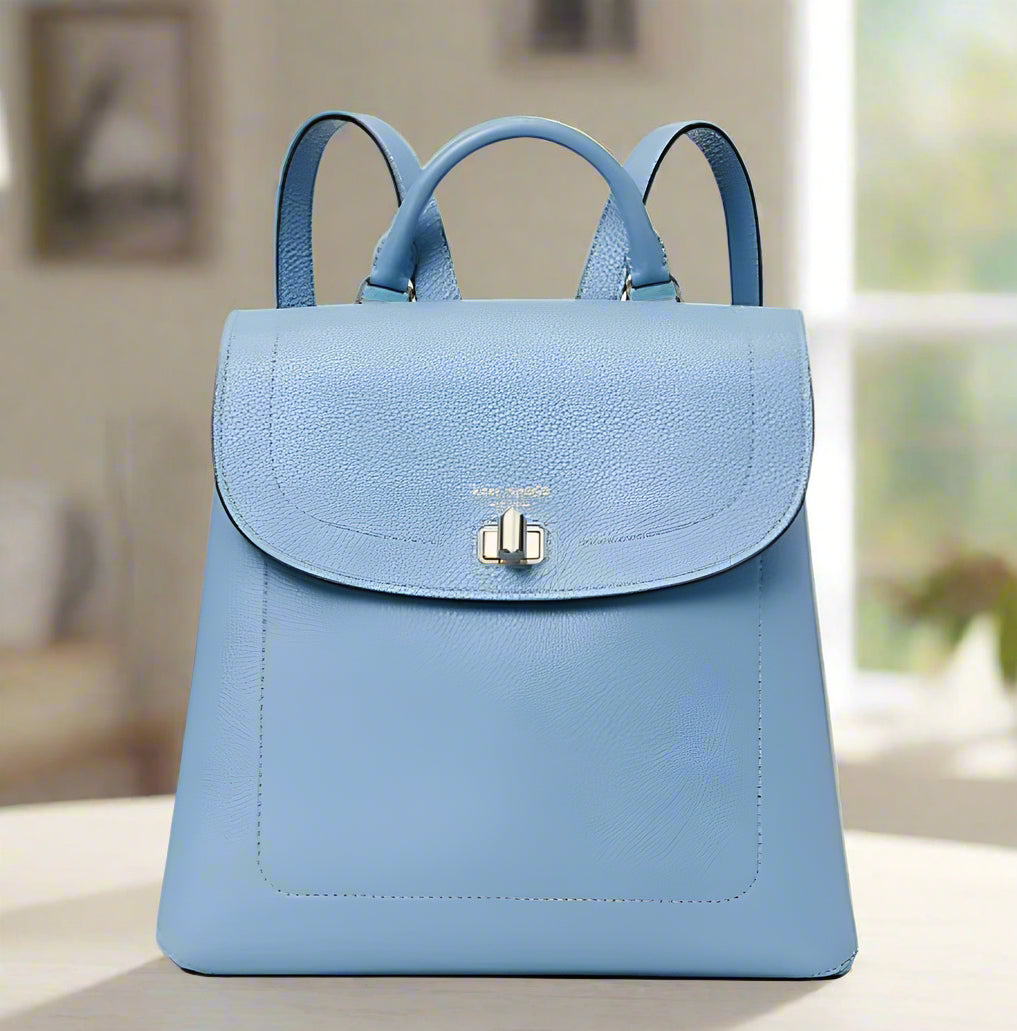 baby blue faux leather backpack Kate Spade Blue Leather Backpack Medium Essential Turnlock Flap Bag w/ – Luxe Fashion Finds