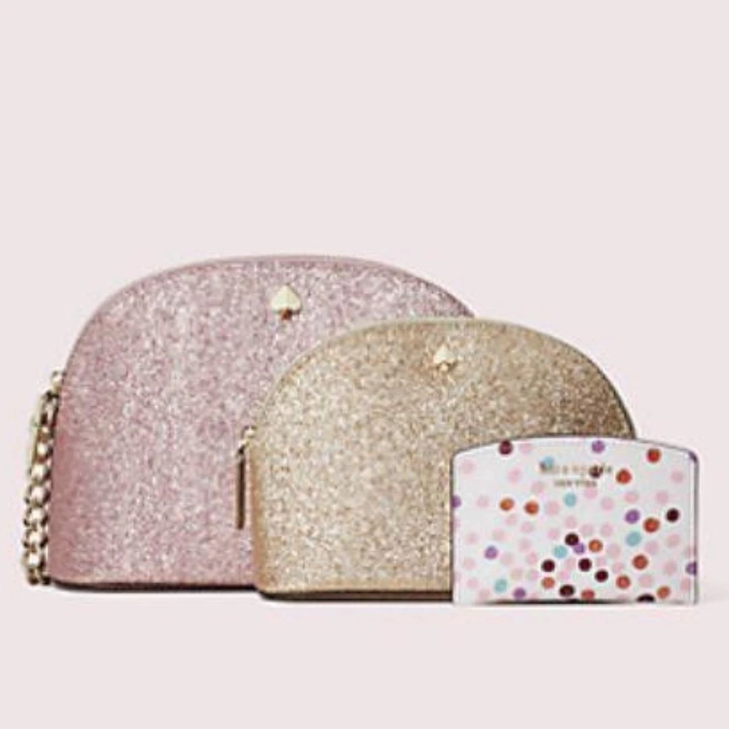 Kate Spade Crossbody Womens Rose Gold Trio Glitter Makeup Pouch, Card Case