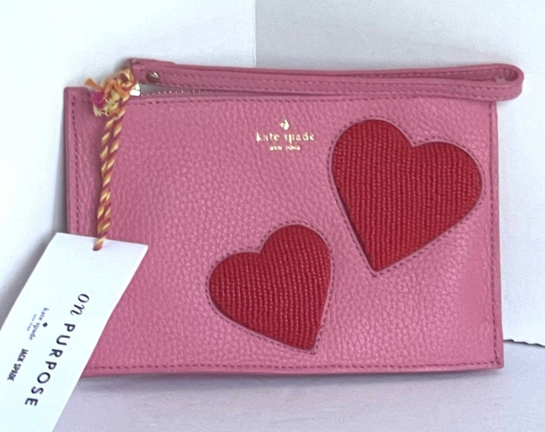 Kate Spade Wristlet Clutch Womens Small Pink On Purpose Leather Hearts Pouch
