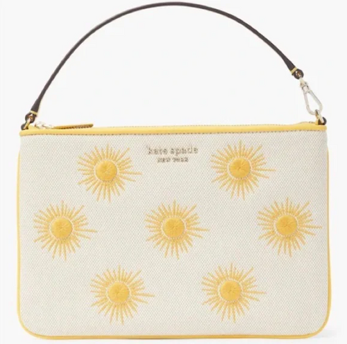 Kate Spade Wristlet Sunkiss Embroidered Medium Canvas Yellow Sun Pouch Bag