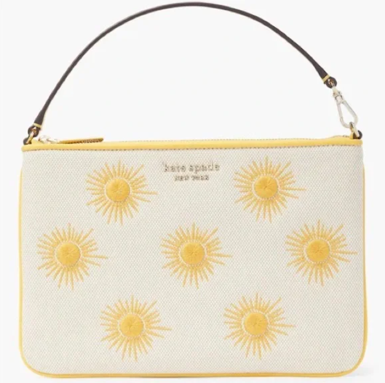 Kate Spade Wristlet Sunkiss Embroidered Medium Canvas Yellow Sun Pouch Bag