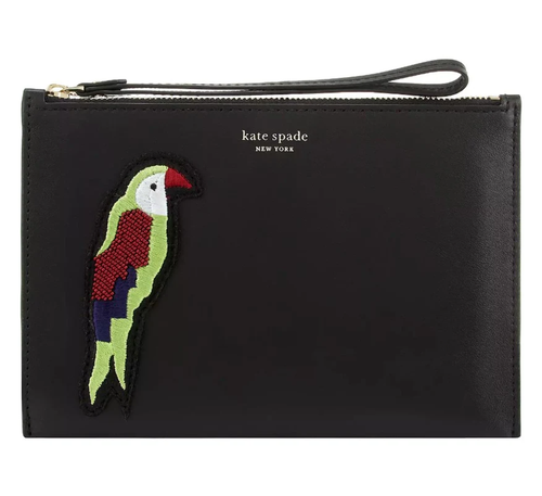 Kate Spade Wristlet Womens Small Black Leather Beaded Parrot Flock Party Zip