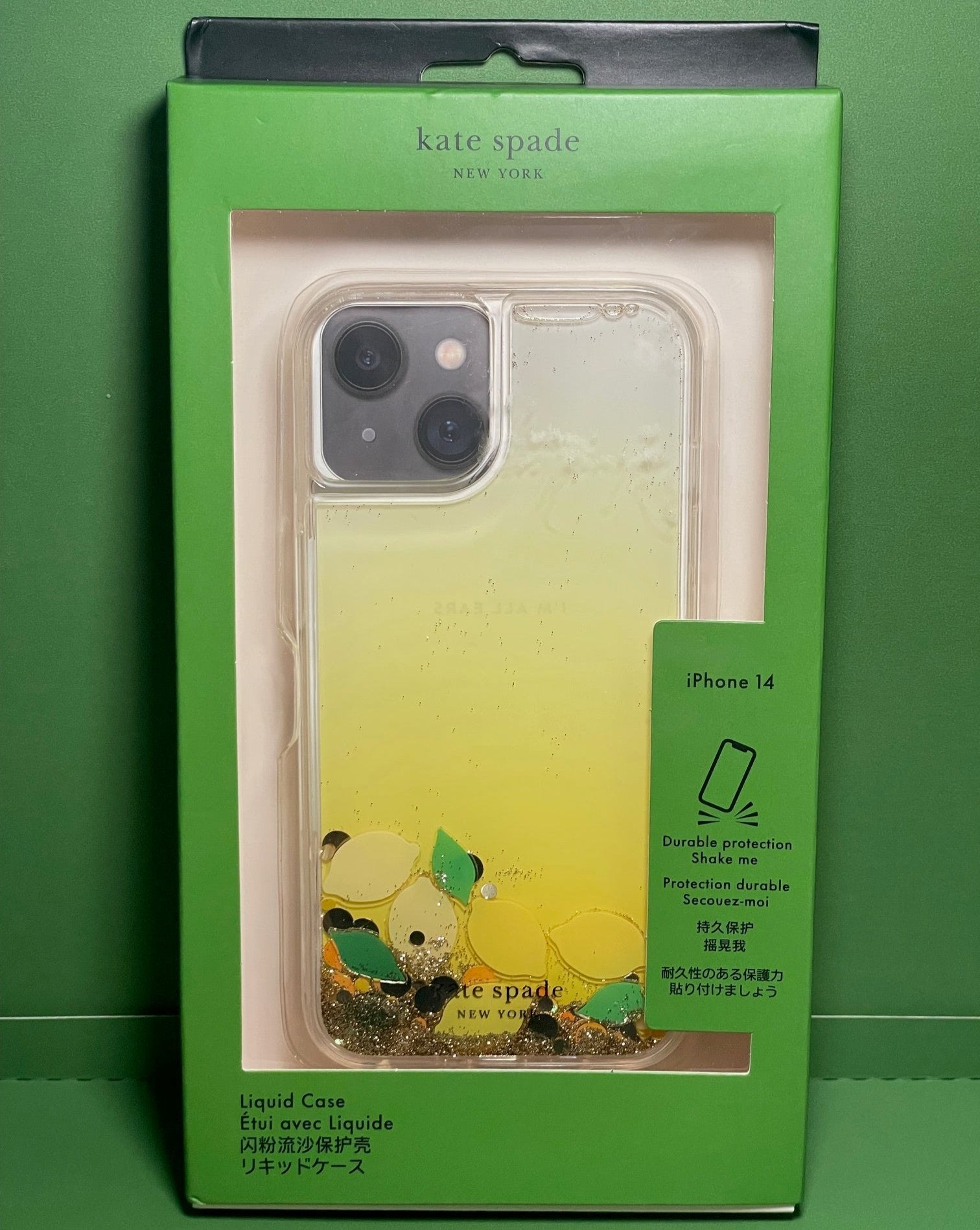 Kate Spade iPhone 14 Case Lemon Drop Liquid Gold Glitter Protect Box Yellow Kate Spade iPhone 14 Case Lemon Drop Liquid Gold Glitter Protect Box Yellow