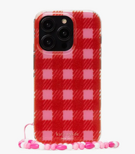 Load image into Gallery viewer, Kate Spade iPhone 14 PRO Case Wristlet Gingham Glitter Sam Icon Red Pink Sparkle