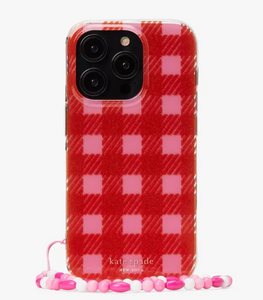 Kate Spade iPhone 14 PRO Case Wristlet Gingham Glitter Sam Icon Red Pink Sparkle