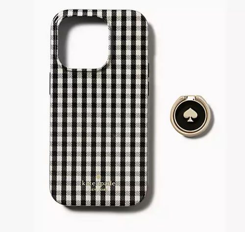 Kate Spade iPhone 14 Jazzy Gingham Ring Stand Black Hard Shell Case Kickstand