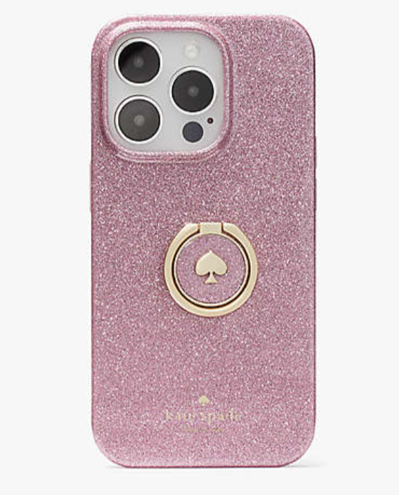 Kate Spade iPhone 14 PRO Ring Stand Pink Glitter Hard Shell Case Kickstand