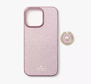 Kate Spade iPhone 14 PRO Ring Stand Pink Glitter Hard Shell Case Kickstand