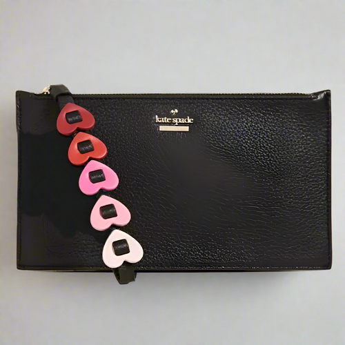 Kate Spade Ariah Heart Strap Wristlet Small Black Leather Slim Zip Clutch Wallet