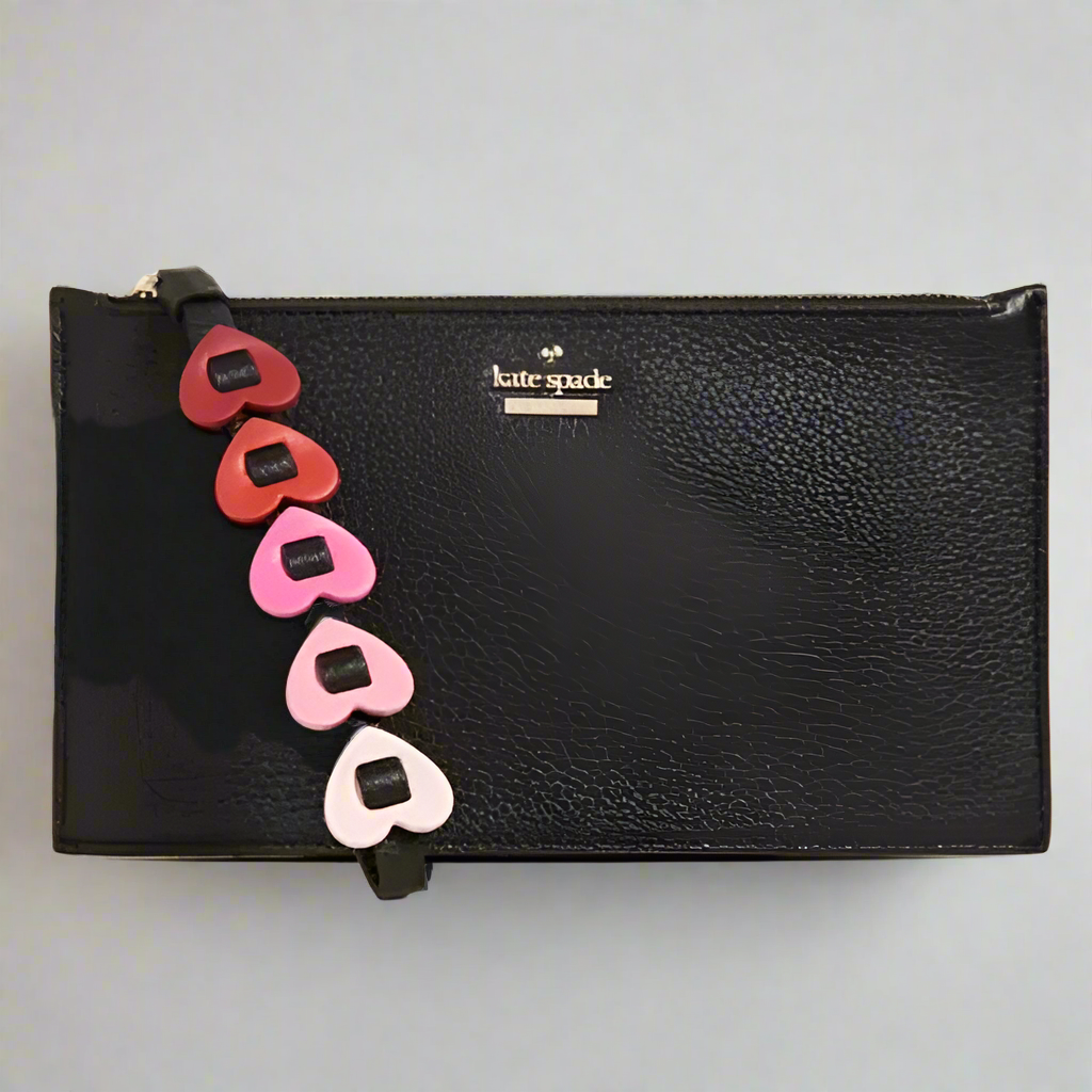 Kate Spade Ariah Heart Strap Wristlet Small Black Leather Slim Zip Clutch Wallet