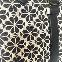 Load image into Gallery viewer, Kate Spade Black Flower Jacquard Tote Medium Leather Trim Snap Closure 