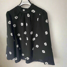 Load image into Gallery viewer, Kate Spade Floral Crepe Blouse Womens XL Black Mock Neck Puff Bell Sleeve Top