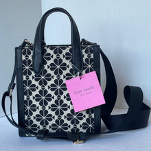 Load image into Gallery viewer, Kate_Spade_Flower_Jacquard_Manhattan_Mini_Tote_Blue_Leather_Crossbody_Bag_2