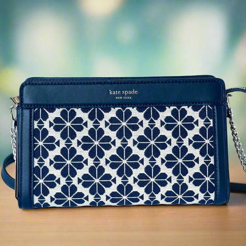 Kate Spade Flower Jacquard Medium Crossbody Blue Medium Leather Bag