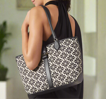 Load image into Gallery viewer, Kate Spade Flower Jacquard Medium Open Tote Black Leather Snap Closure ORGPKG
