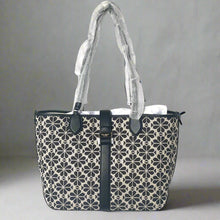 Load image into Gallery viewer, Kate Spade Flower Jacquard Medium Open Tote Black Leather Snap Closure ORGPKG