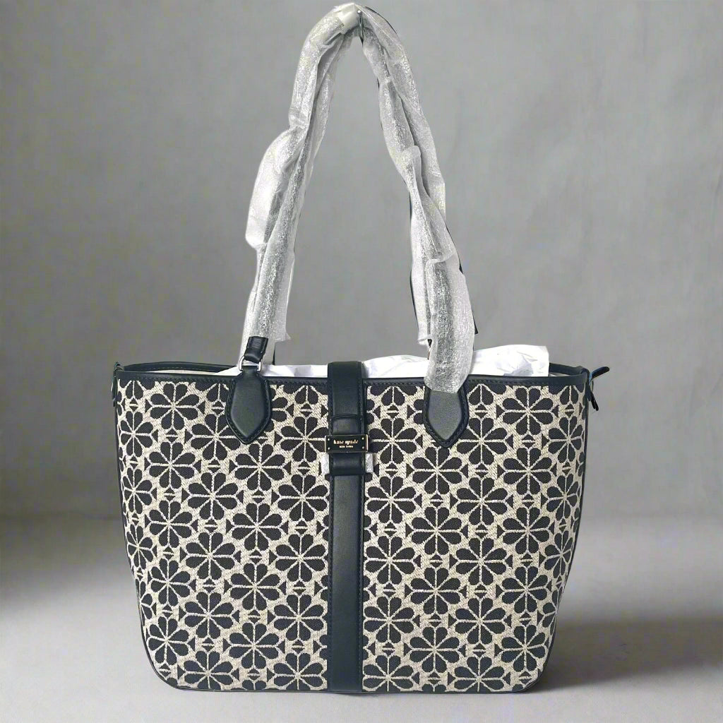 Kate Spade Flower Jacquard Medium Open Tote Black Leather Snap Closure ORGPKG