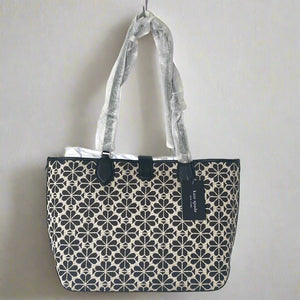 Kate Spade Flower Jacquard Medium Open Tote Black Leather Snap Closure ORGPKG