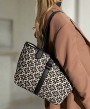 Load image into Gallery viewer, Kate Spade Flower Jacquard Medium Open Tote Black Leather Snap Closure ORGPKG