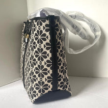 Load image into Gallery viewer, Kate Spade Flower Jacquard Medium Open Tote Black Leather Snap Closure ORGPKG