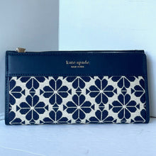 Load image into Gallery viewer, Kate Spade Flower Jacquard Zip Slim Wallet Blue Bifold Snap Leather Medium