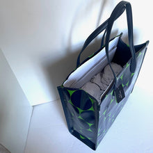 Load image into Gallery viewer, Blue tote bag with green pattern on a white surface
