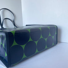 Load image into Gallery viewer, Blue and green polka dot handbag on a white surface with a white background