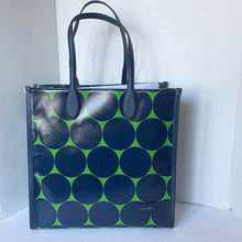 Load image into Gallery viewer, Tote bag with blue and green circular pattern on a white background