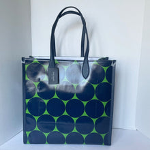 Load image into Gallery viewer, Tote bag with green and blue circular pattern on a white background
