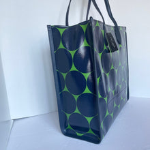 Load image into Gallery viewer, Blue tote bag with green polka dot pattern on a white background