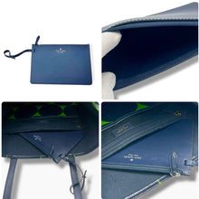 Load image into Gallery viewer, Collage of a blue handbag with visible brand logo, showing different angles and details.