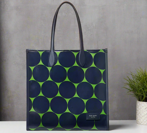 Kate Spade Gotham Joy Dot Canvas Extra Large Tote Blue Polka Dot Leather Trim