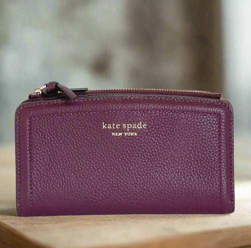Kate Spade Knott Bifold Slim Wallet Womens Cherry Burgundy Leather Zip Snap