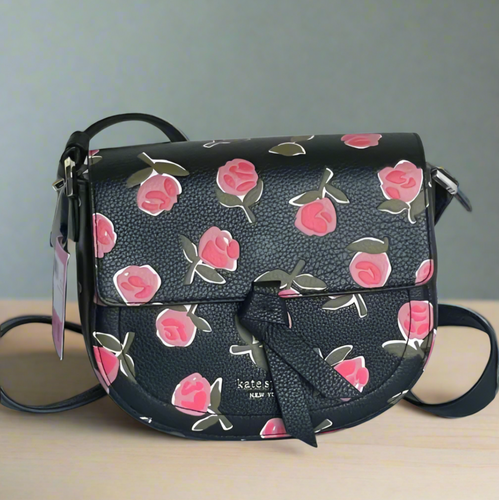 Kate Spade Knott Floral Small Saddle Bag Black Ditsy Rose Leather Crossbody